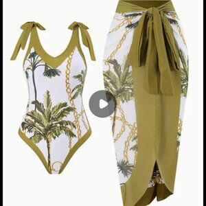 Green Coconut Tree  against white backdrop Print Swimsuit with a coverup